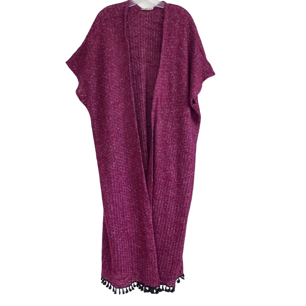 Crescent Duster Cardigan Open‎ Front Tassel Trim Burgundy Large Knit Sweater